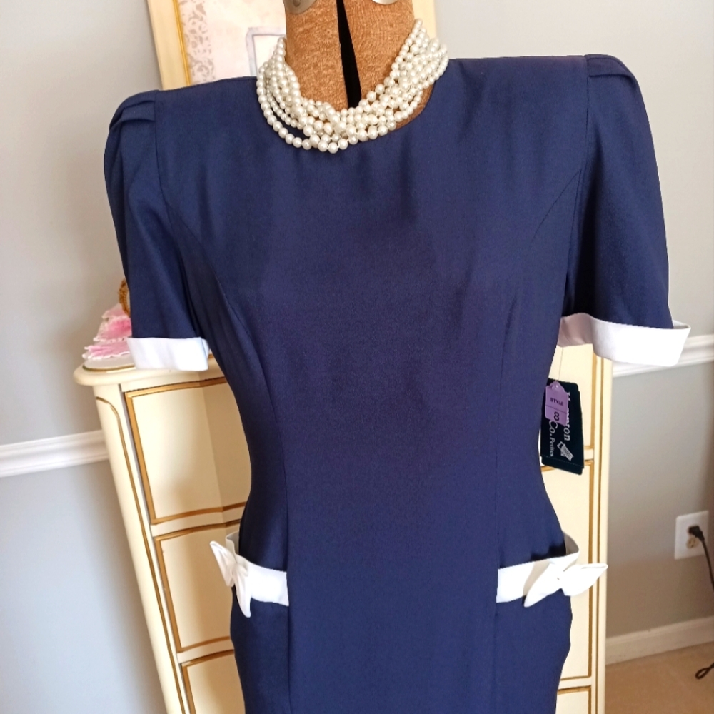 Vintage NWT 80s/90s "Hampton Dress Co." Navy Blue Dress with Sweet White Bows!